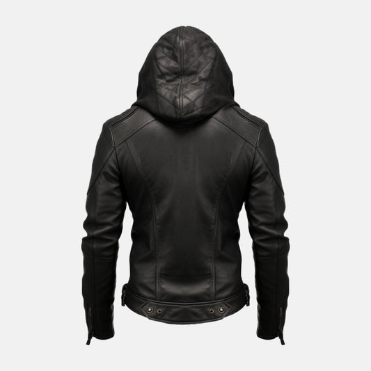 Men's Black Leather Hooded Bomber Jacket with Zip Cuffs, back view