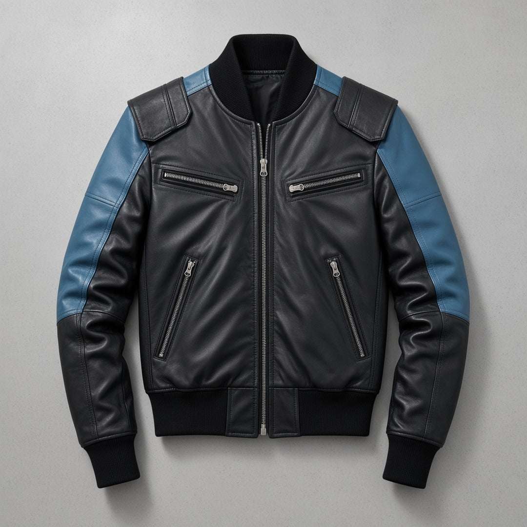 Men's Black and Blue Two-Tone Leather Bomber Jacket, flat lay
