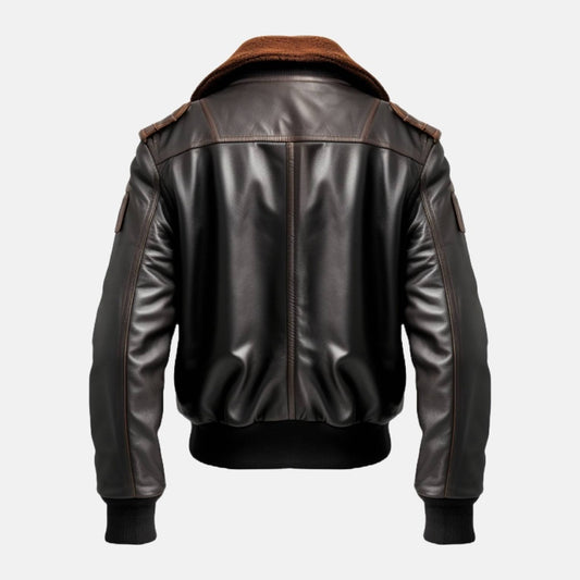 Men's Distressed Brown Leather Flight Bomber Jacket with Wool Collar, back view