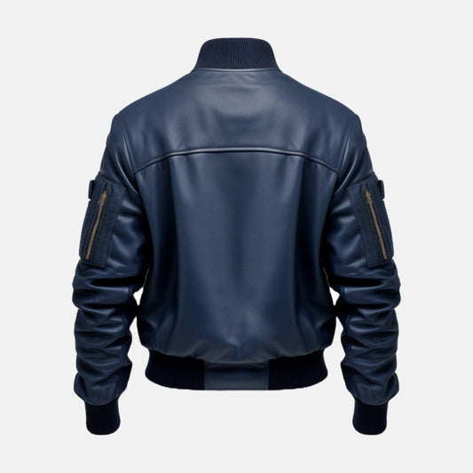 Men's Navy Leather Bomber Jacket with Ribbed Collar, back view
