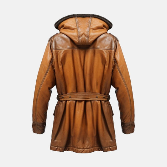 Men's Tan Brown Leather Hooded Shearling-Style Coat with Faux Fur Lining, back view