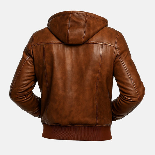 Men's Vintage Distressed Brown Leather Hooded Bomber Jacket, back view