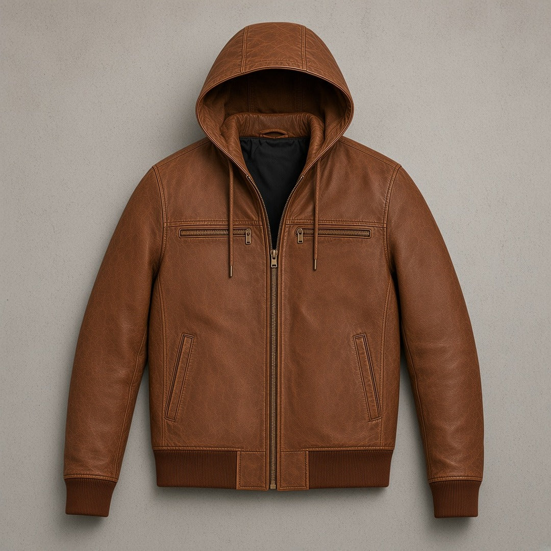 Men's Vintage Distressed Brown Leather Hooded Bomber Jacket, flat lay