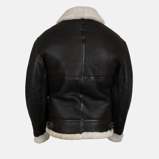Men's Black Leather Shearling-Style Bomber Jacket with Faux Fur Lining, back view