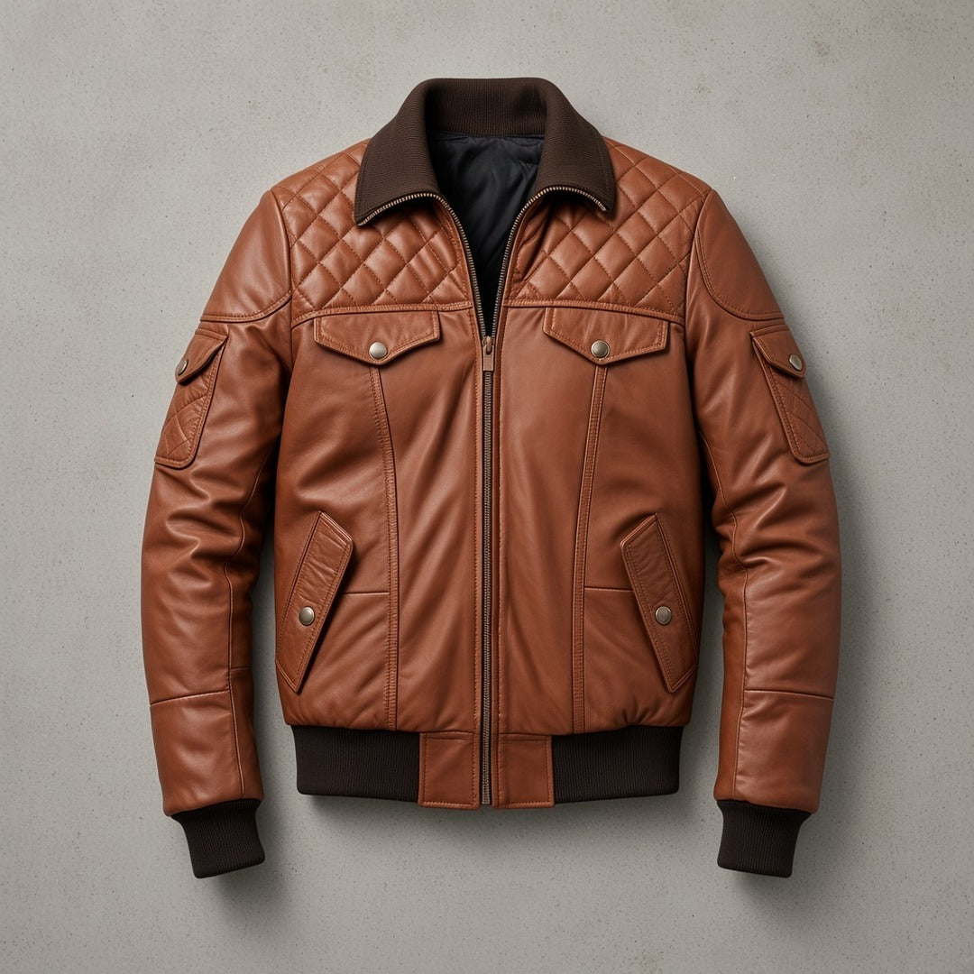 Men's Brown Leather Bomber Jacket with Quilted Yoke, flat lay