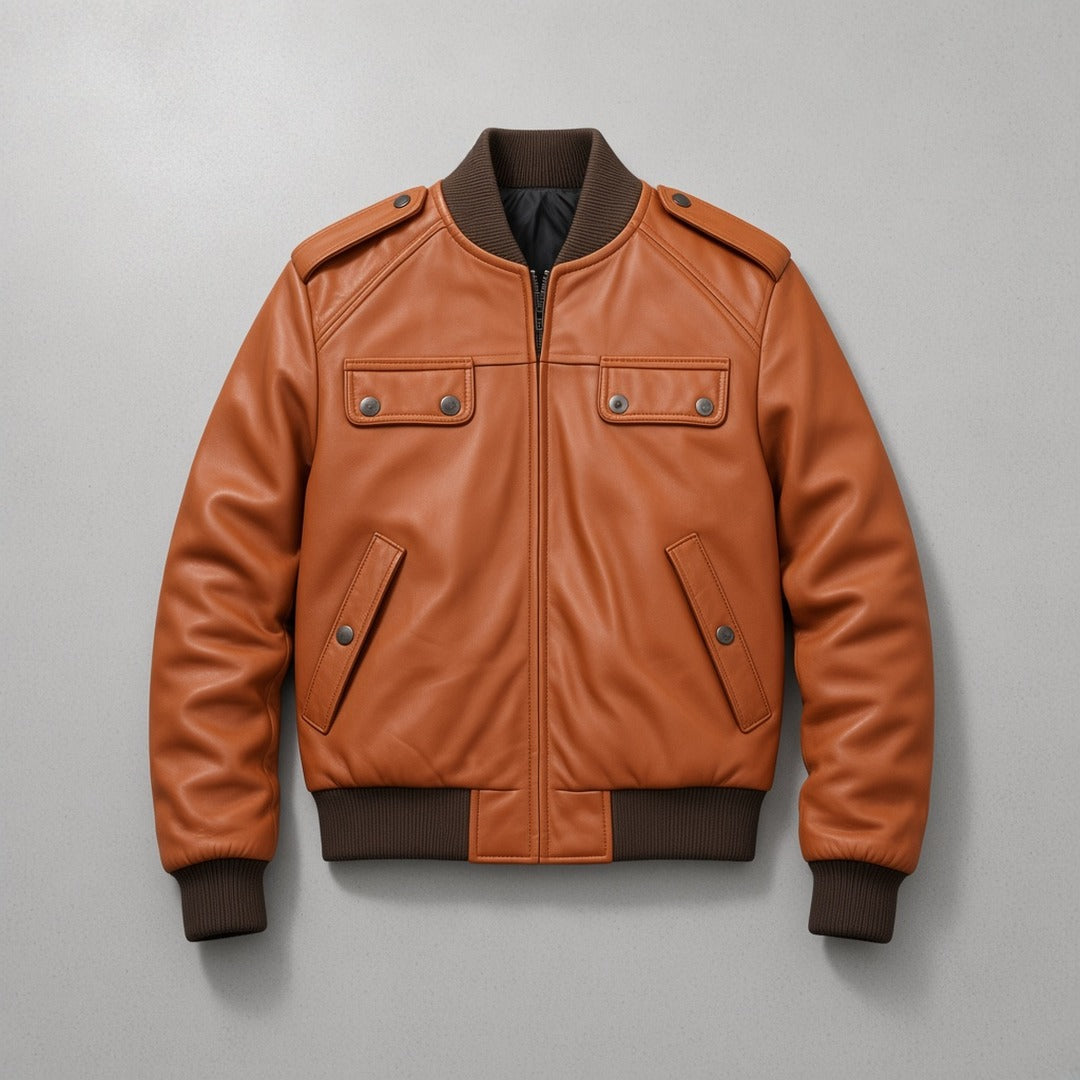Men's Tan Leather Bomber Jacket with Strap Pockets, flat lay