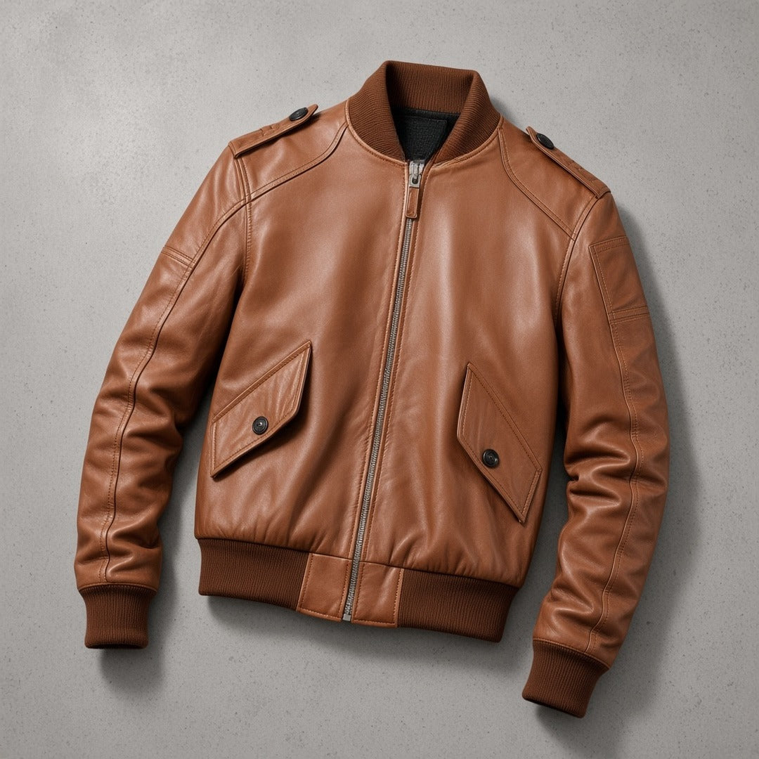 Men's Tan Brown Leather Bomber Jacket with Slanted Flap Pockets, flat lay