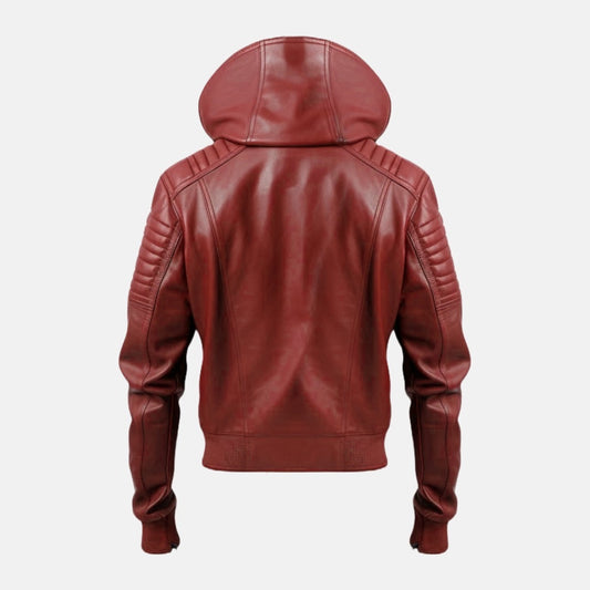 Men's Red Leather Hooded Bomber Jacket with Quilted Sleeves, back view