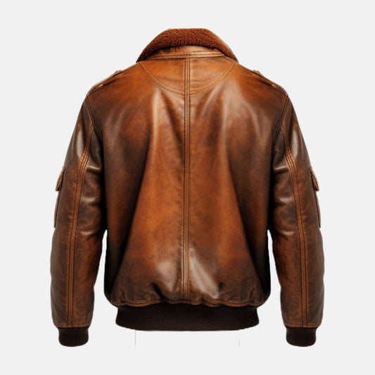Men's Vintage Brown Leather Aviator Flight Bomber Jacket, back view