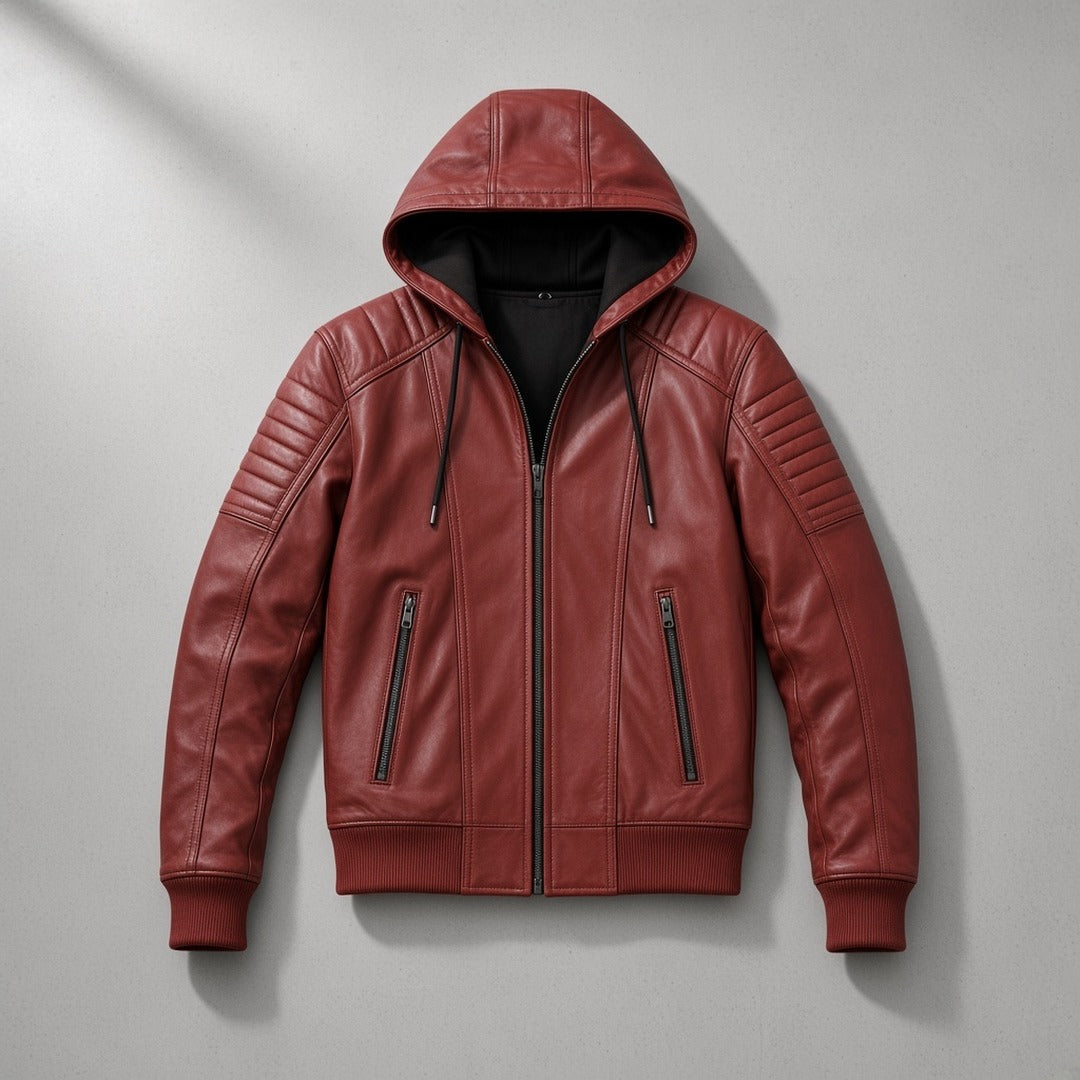 Men's Red Leather Hooded Bomber Jacket with Quilted Sleeves, flat lay