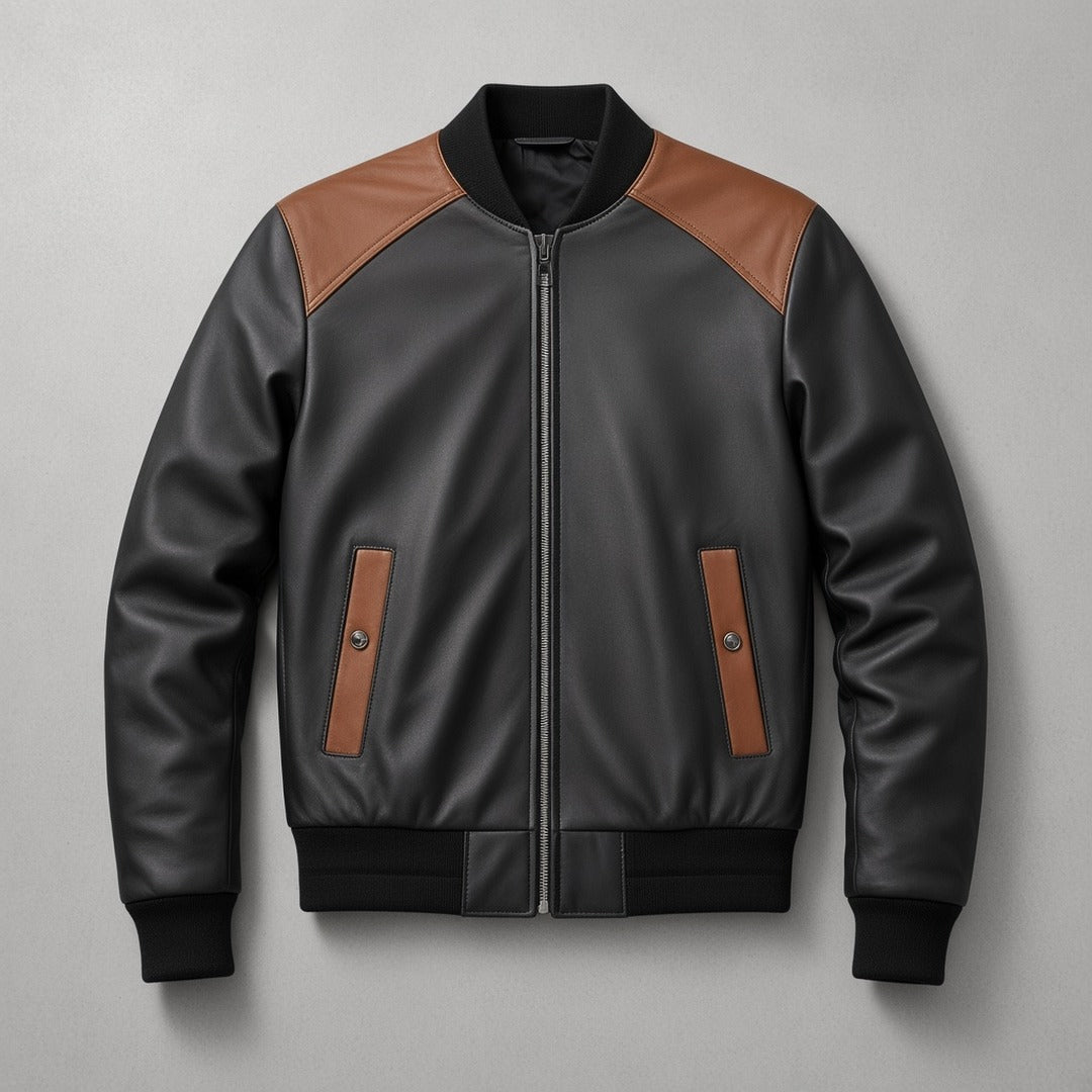 Men's Black and Brown Leather Bomber Jacket with Contrast Shoulders, flat lay