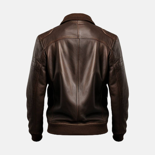 Men's Dark Brown Leather Bomber Jacket with Zip Chest Pockets, back view