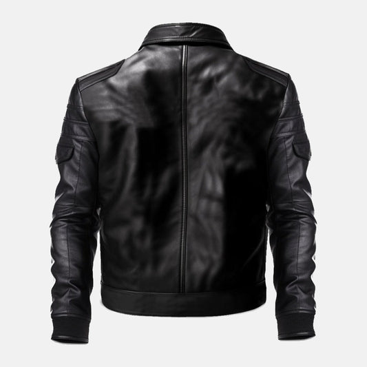 Men's Black Leather Biker Jacket with Zip Chest Pockets, back view