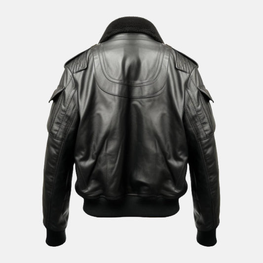 Men's Black Leather B3-Style Bomber Jacket with Faux Fur Collar, back view