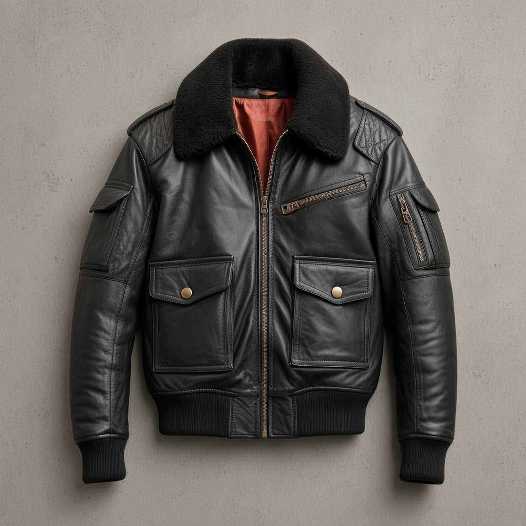 Men's Black Leather B3-Style Bomber Jacket with Faux Fur Collar, flat lay