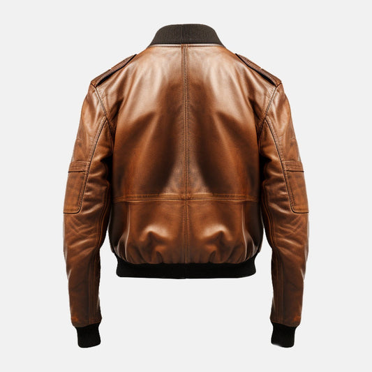 Men's Distressed Tan Brown Leather Aviator Bomber Jacket, back view