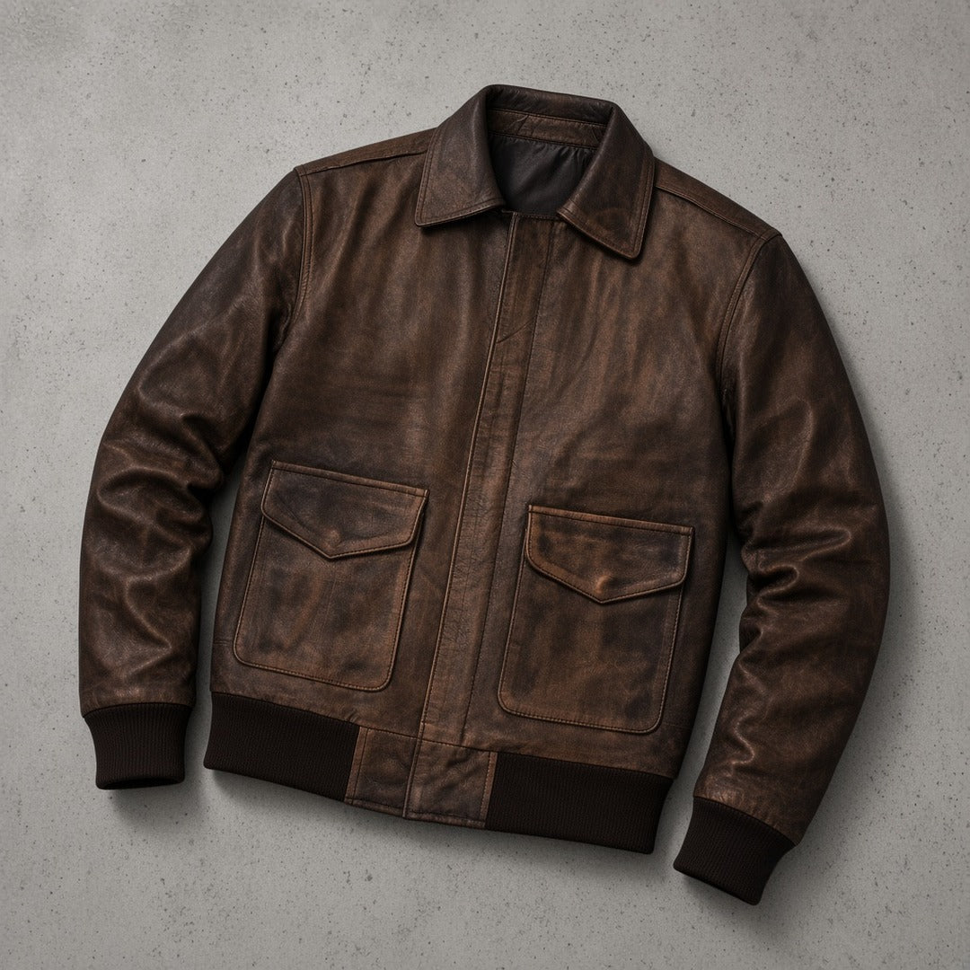 Men's Distressed Brown Leather A2 Flight Bomber Jacket, flat lay