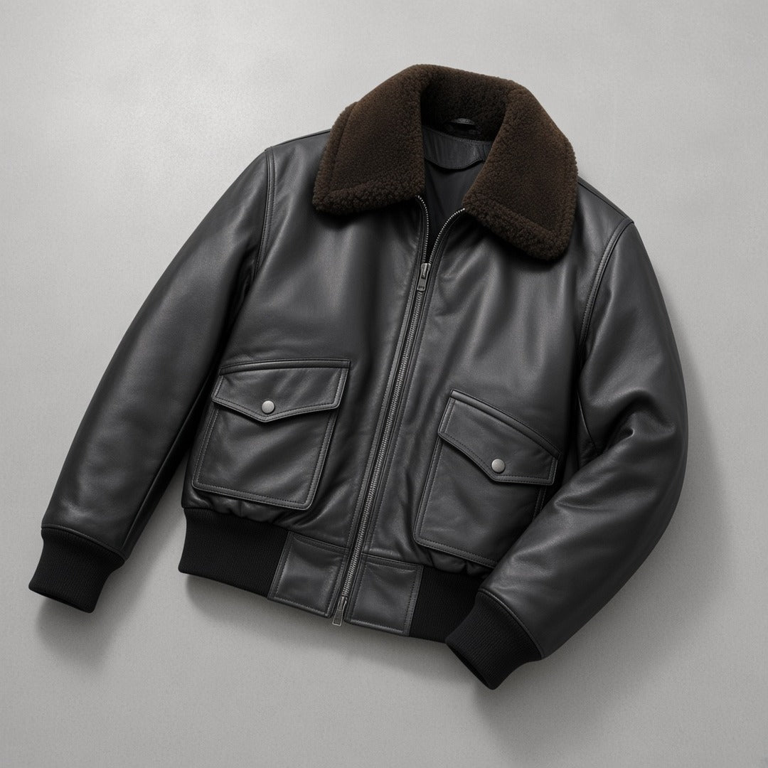 Men's Black G1 Leather Flight Bomber Jacket, flat lay on grey concrete