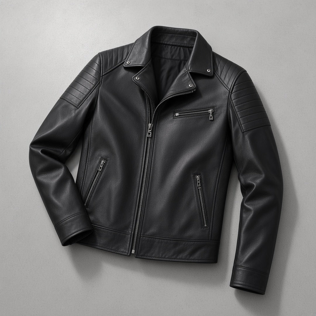 Men's Black Leather Biker Jacket with Snap Collar, flat lay on grey concrete