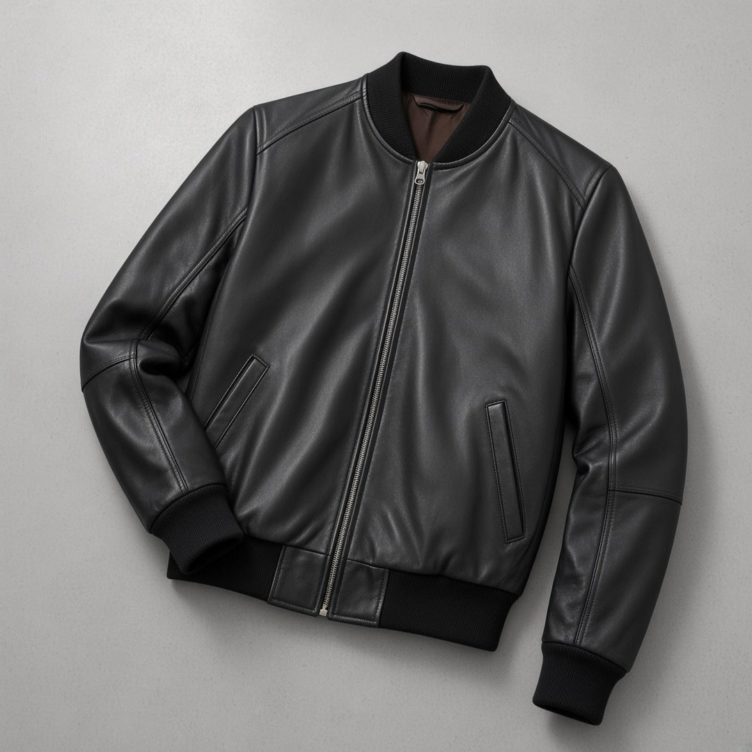 Men's Black Leather Bomber Jacket, flat lay on grey concrete