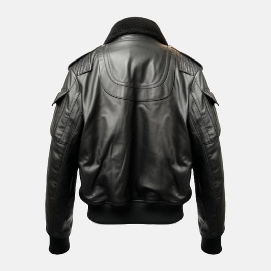 Men's Black Leather Flight Bomber Jacket with Faux Fur Collar, back view