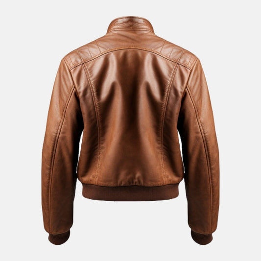 Men's Brown Leather Bomber Jacket with Stand Collar, back view