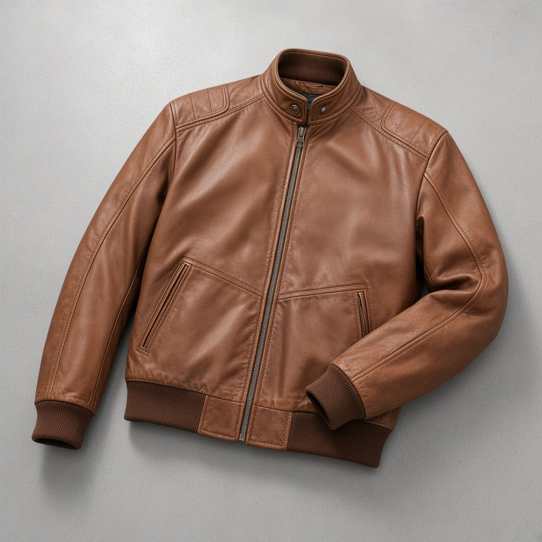 Men's Brown Leather Bomber Jacket with Stand Collar, flat lay on grey concrete