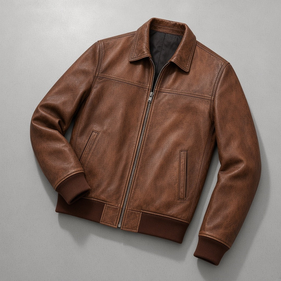 Men's Vintage Distressed Brown Leather Bomber Jacket, flat lay on grey concrete