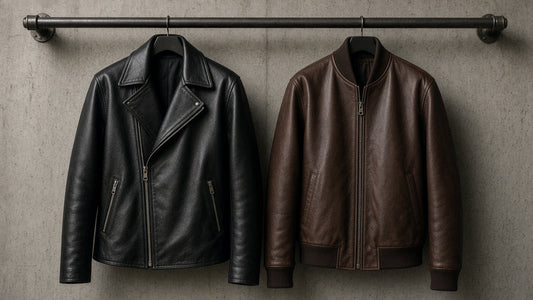 Black leather biker jacket with an asymmetric zip hanging next to a brown leather bomber jacket with ribbed trims