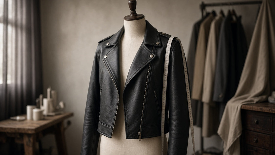 Black leather biker jacket on a tailor's dress form with a measuring tape over the shoulder