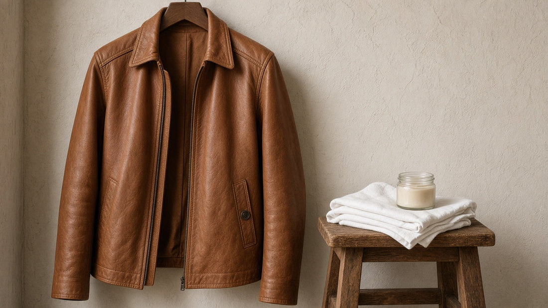 Brown leather jacket on a wide wooden hanger next to a folded cotton cloth and a jar of leather cream