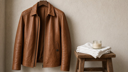 Brown leather jacket on a wide wooden hanger next to a folded cotton cloth and a jar of leather cream