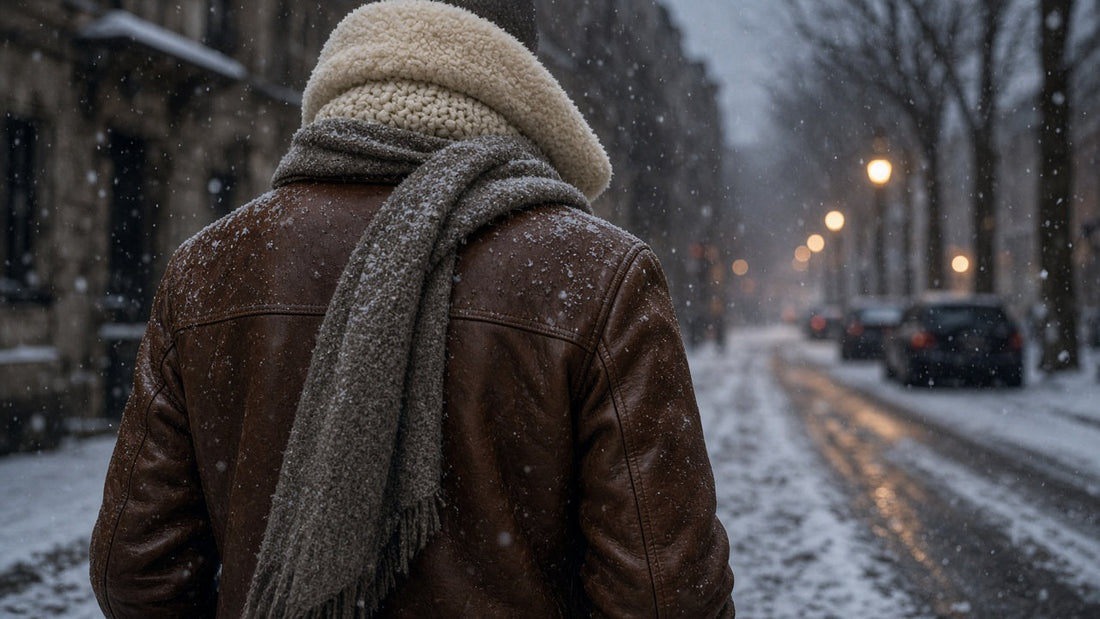 Person seen from behind in a brown leather jacket with a shearling collar and wool scarf on a snowy city street