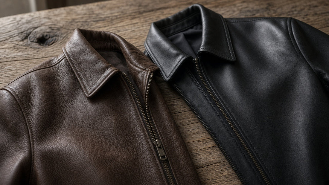 A brown real leather jacket with natural grain beside a smooth black leather-look jacket on a wooden table