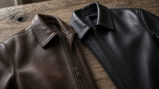 A brown real leather jacket with natural grain beside a smooth black leather-look jacket on a wooden table
