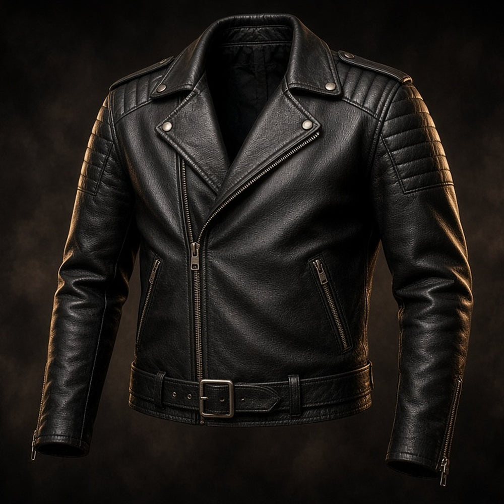 Black men's leather biker jacket with quilted shoulders and belted hem