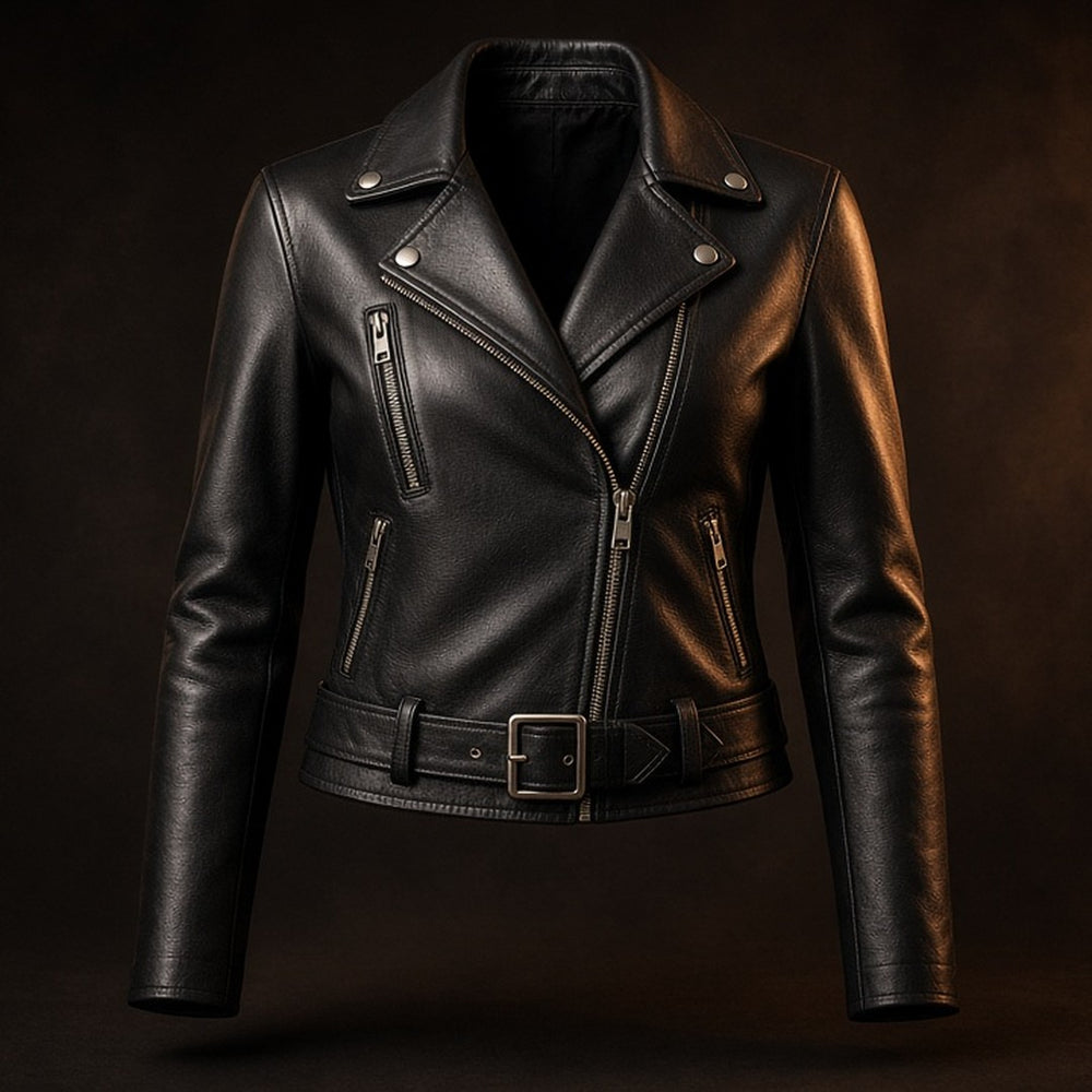 Black women's leather biker jacket with silver zips and belted waist