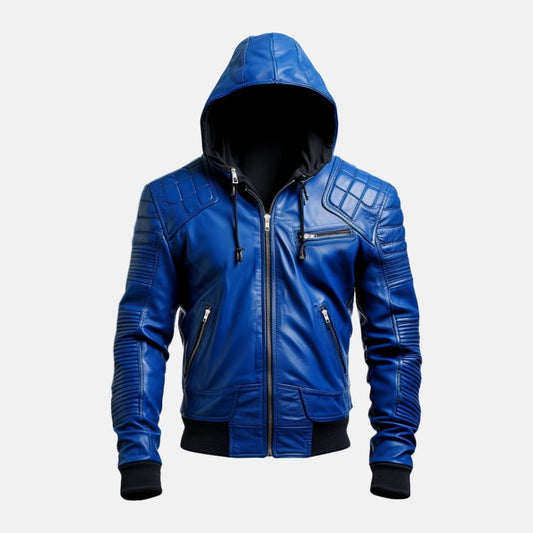 Men's Blue Leather Hooded Bomber Jacket, front view