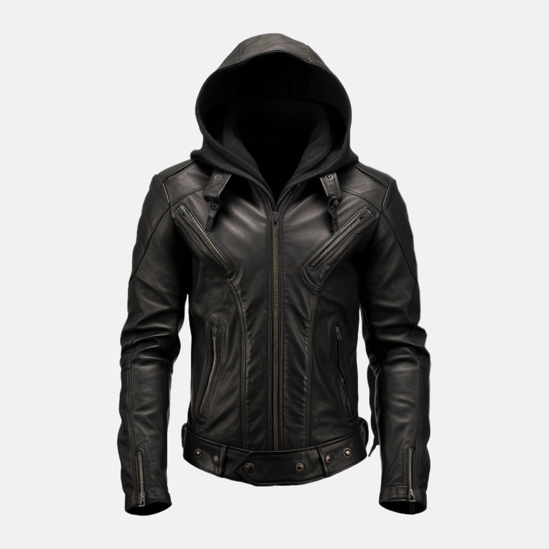 Men's Black Leather Hooded Bomber Jacket with Zip Cuffs, front view