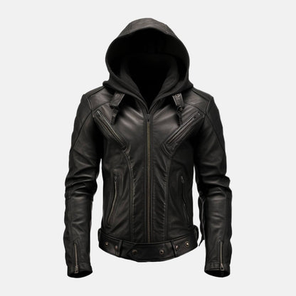 Men's Black Leather Hooded Bomber Jacket with Zip Cuffs, front view