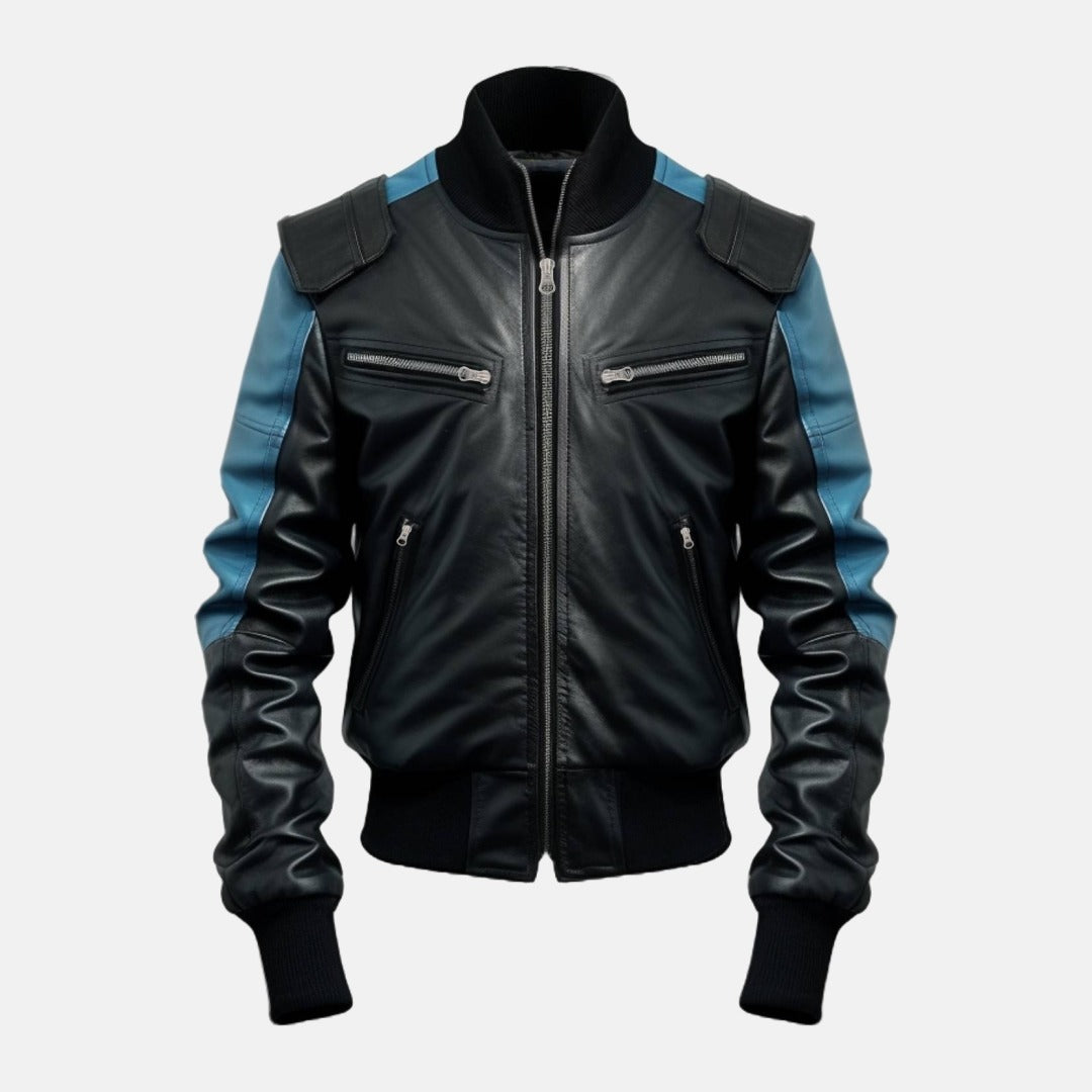 Men's Black and Blue Two-Tone Leather Bomber Jacket, front view