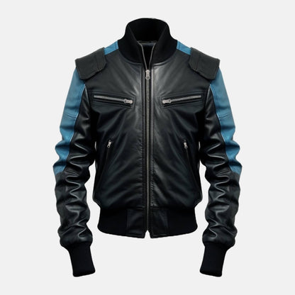 Men's Black and Blue Two-Tone Leather Bomber Jacket, front view