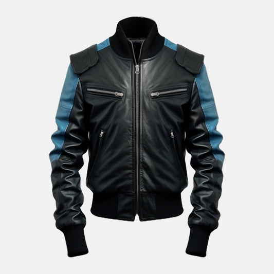 Men's Black and Blue Two-Tone Leather Bomber Jacket, front view