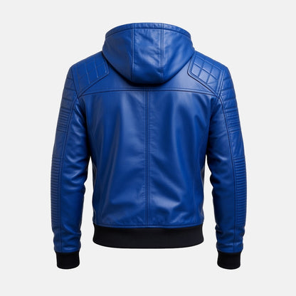 Men's Blue Leather Hooded Bomber Jacket, back view