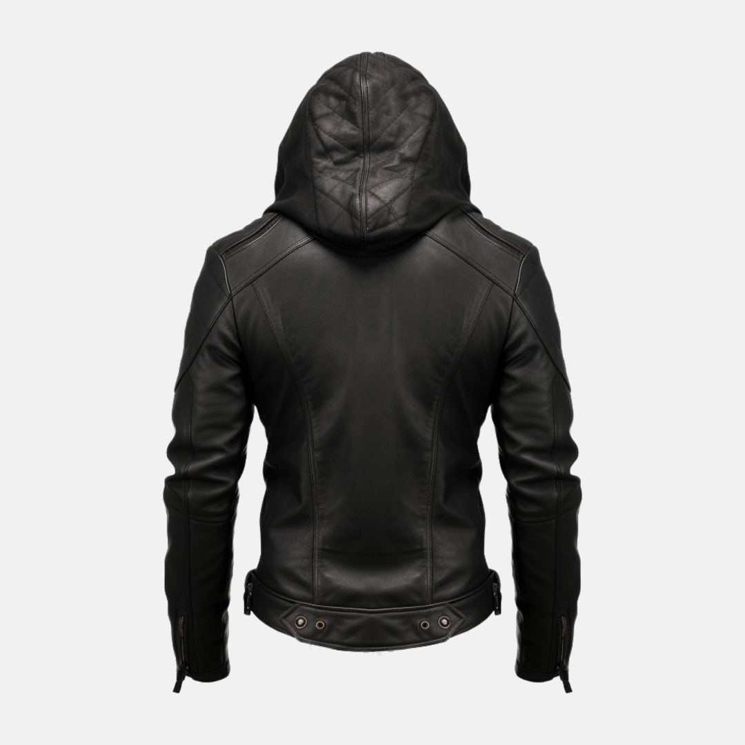 Men's Black Leather Hooded Bomber Jacket with Zip Cuffs, back view