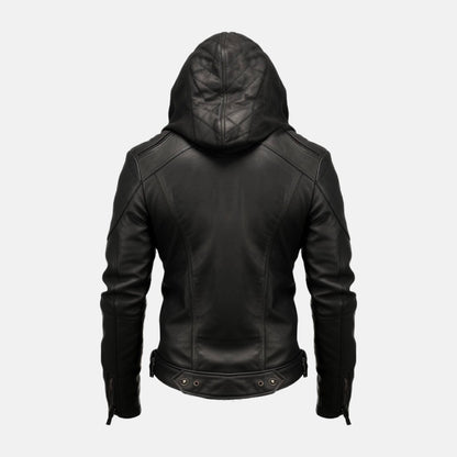 Men's Black Leather Hooded Bomber Jacket with Zip Cuffs, back view