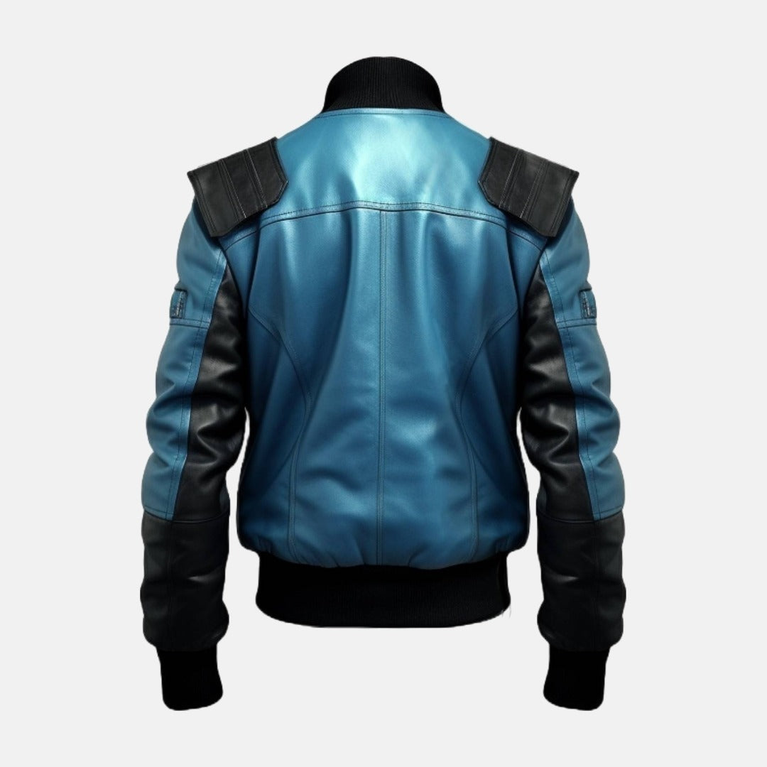 Men's Black and Blue Two-Tone Leather Bomber Jacket, back view