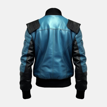 Men's Black and Blue Two-Tone Leather Bomber Jacket, back view