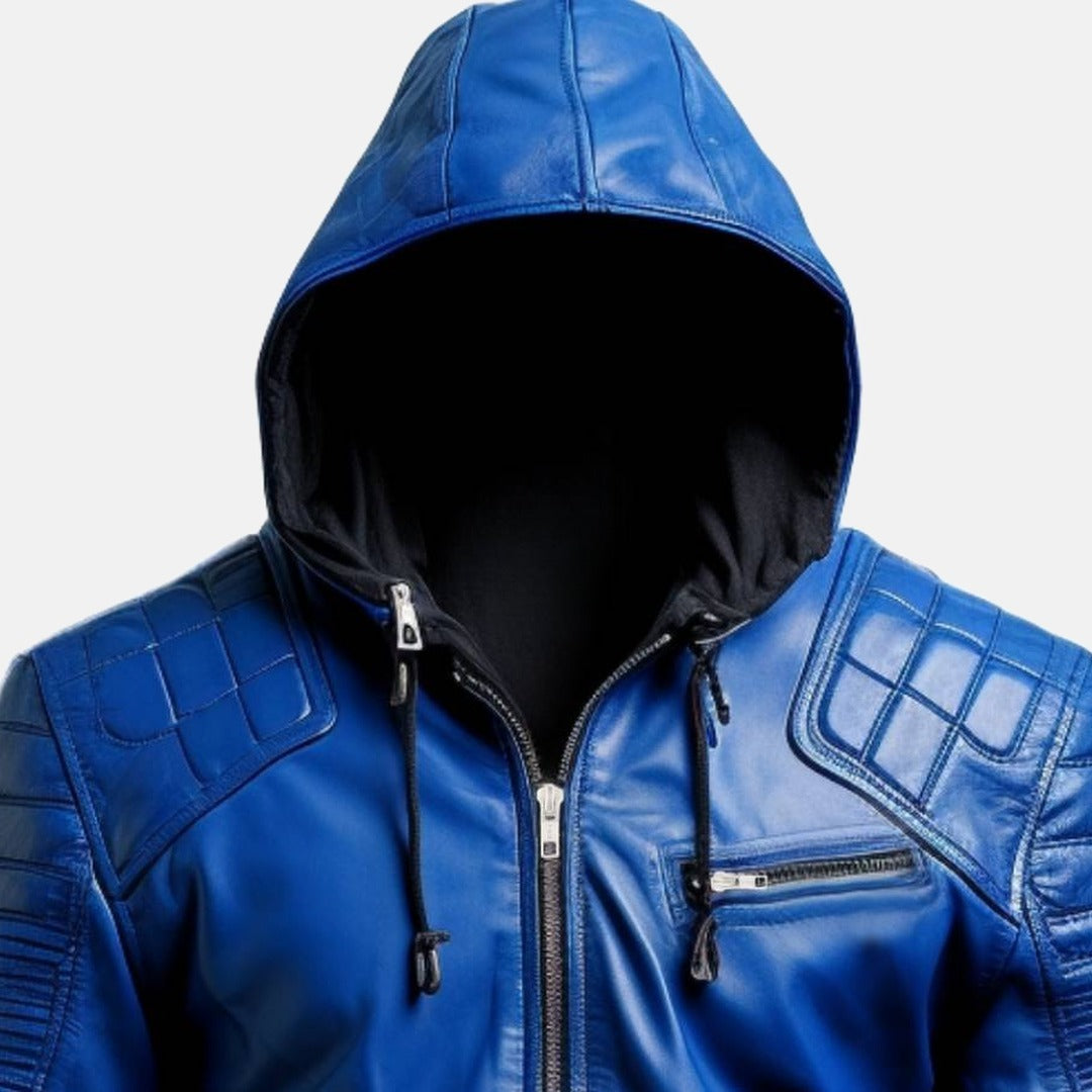 Men's Blue Leather Hooded Bomber Jacket, close-up of collar and zip