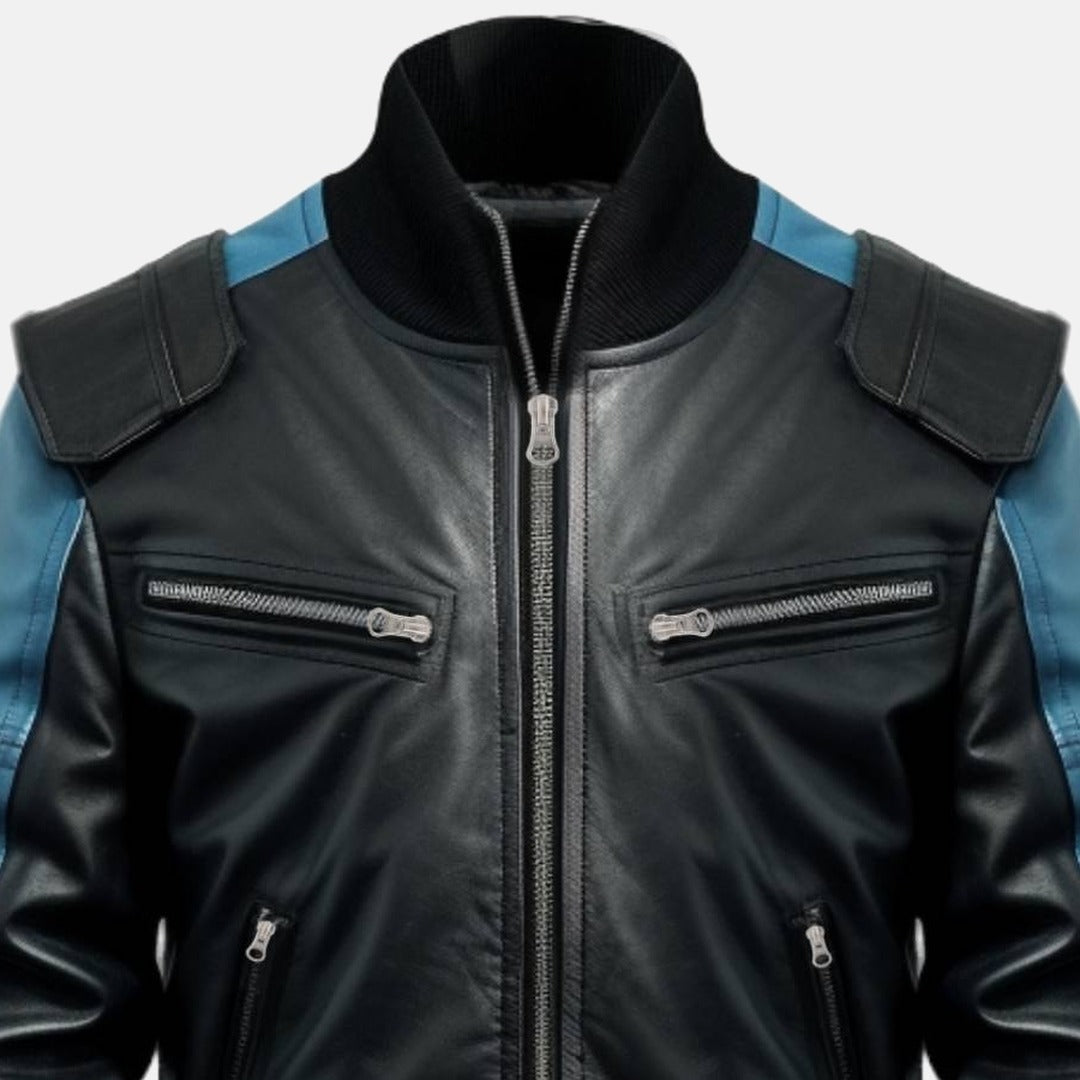 Men's Black and Blue Two-Tone Leather Bomber Jacket, close-up of collar and zip